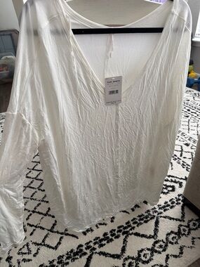 Free People White Deep V-Neck Long Sleeve Tee